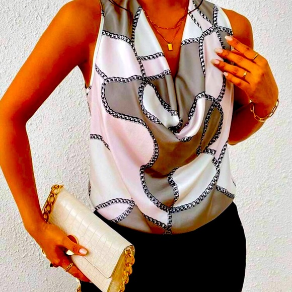 SHEIN Prive’ Chain Print draped Collar Sleeveless Blouse - Picture 2 of 3